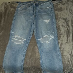 American Eagle Low Rise Baggy Straight Jeans with Distressed Details, 18